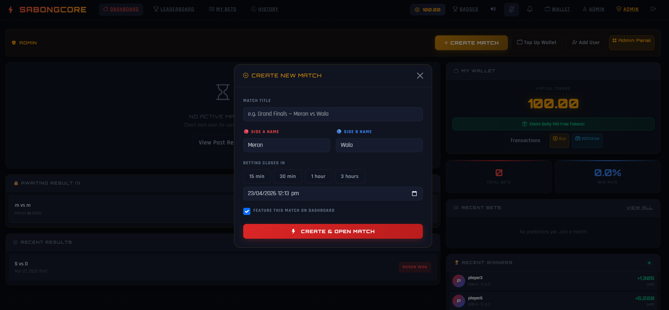 Arena Dashboard | Sabongcore